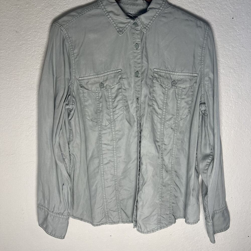 Chicos Lenzing Lyocell Button Denim Long Sleeve Top Size 2.5 Lg Sage Green Shirt
